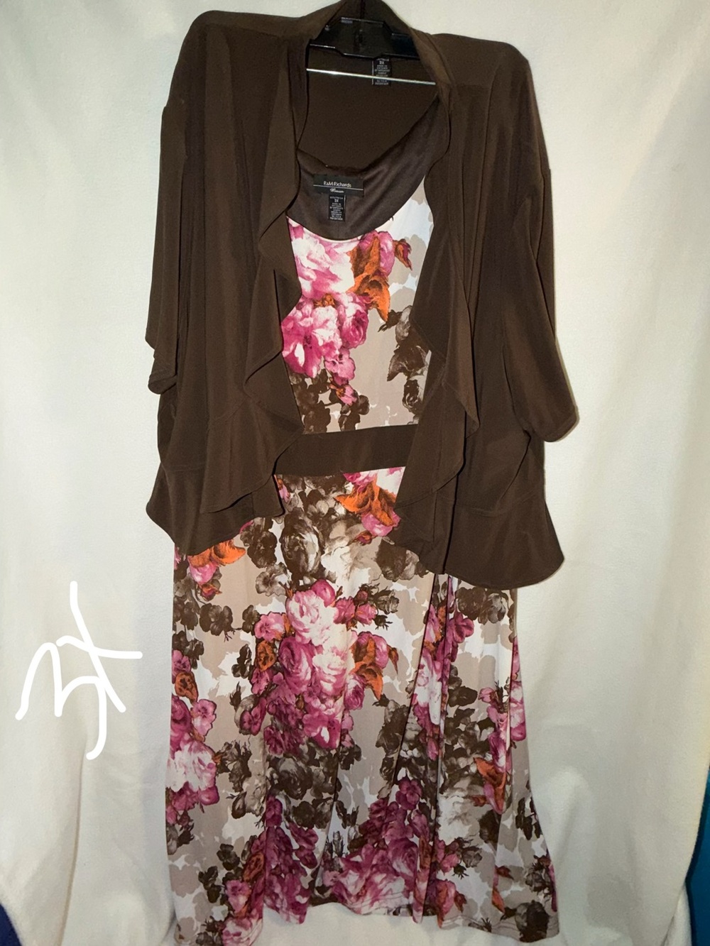 Brown Floral Midi Dress with Brown Draped Cardigan